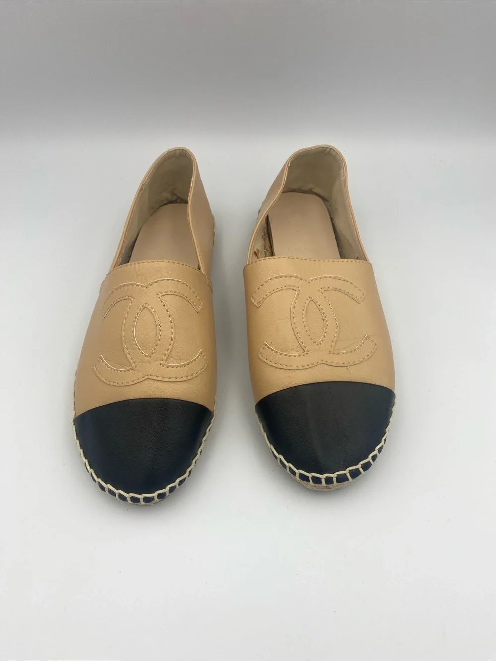 CHANEL Beige Leather Espadrilles with Black Cap Toe